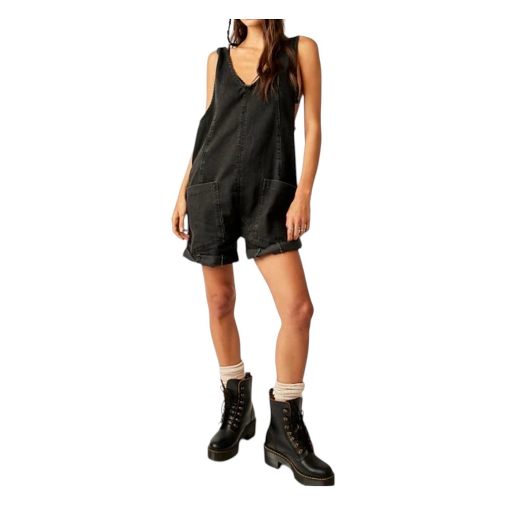 Free People We The Free High Roller Shortall Washed Black Denim Romper Small